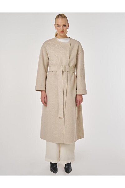 Kayra Applique Detailed Cashmere Coat Cream