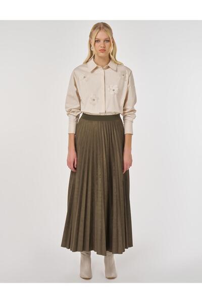 KYR Pleated Suede Skirt Khaki