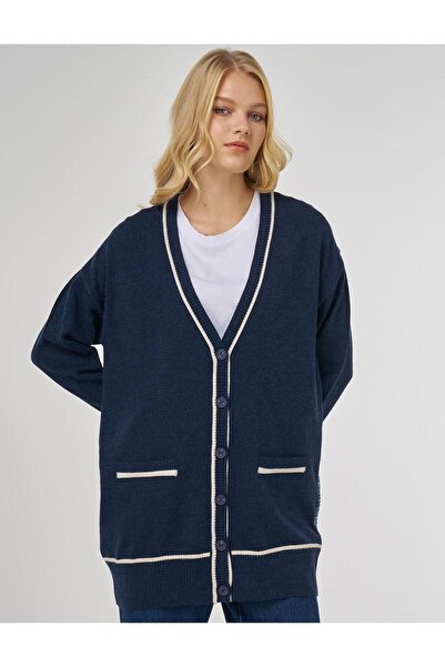 Kayra Contrast Piped Knitwear Cardigan Navy Blue