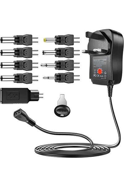 KASTWAVE 30W Reverse Polarity Universal AC Adapter, 3–12V, 2A, 9 Adapter Tips
