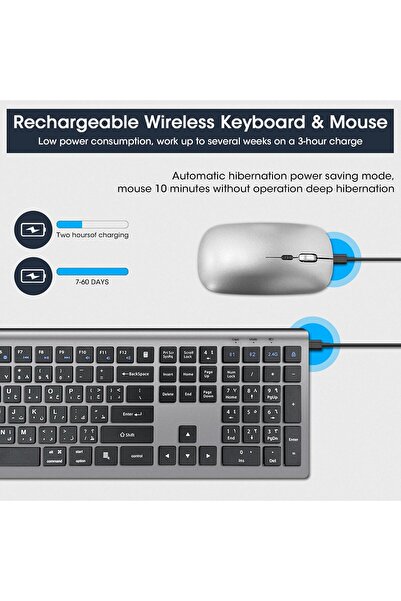 Aookay Arabic/English Wireless Keyboard and Mouse - 2.4G Bluetooth Rechargeable Full-Size Silent Combo with