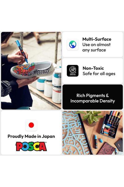 Uni Posca PC-1M Colored Marker Set, 0.7mm Bullet Tip, 16 Colors
