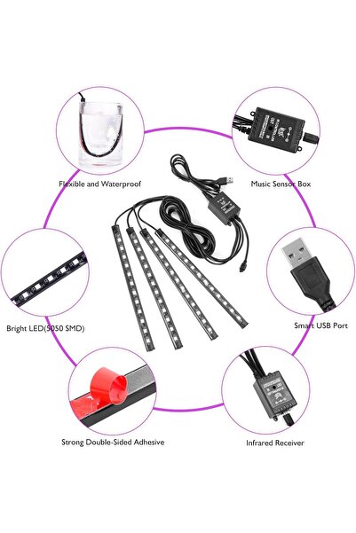 Sunnest Car LED Strip Lights, 4pcs 48 USB LED Interior Lights, MultiColor, Sound-Activated, Remote,