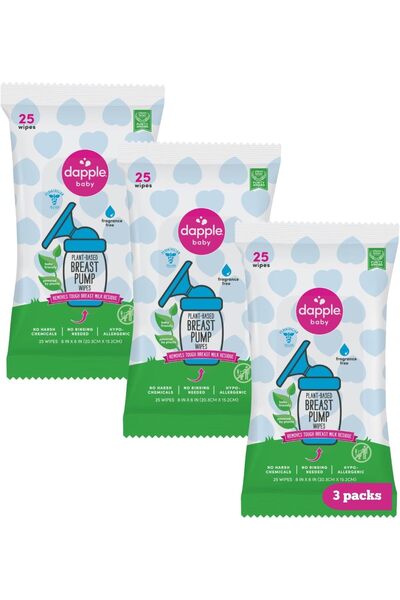 Dapple Breast Pump Wipes - Baby, 25 Count (Pack of 3), Unscented, Plant-Based & Hypoallergenic