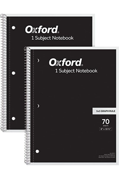 Oxford 2-Pack Spiral Notebooks, Single Subject, 5x5 Graph Paper, 8.5 x 10.5 in, Black, 70 Perforated