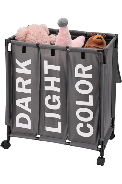 Lawazim 123L Laundry Basket 60x33x62cm Grey - 3-Section Laundry Sorter with Wheels