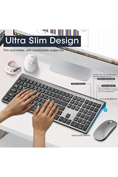 Aookay Arabic/English Wireless Keyboard and Mouse - 2.4G Bluetooth Rechargeable Full-Size Silent Combo with