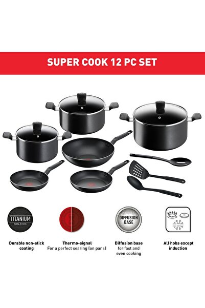 TEFAL Cookware Set of 12 Pieces - Non-Stick with Thermo Signal - Black - Super Cook B143SC86