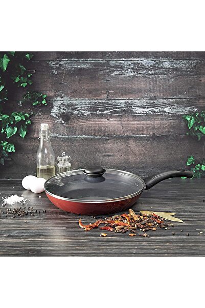 ROYALFORD 28cm Aluminum Non-Stick Frying Pan with Glass Lid (Red, RF2953)