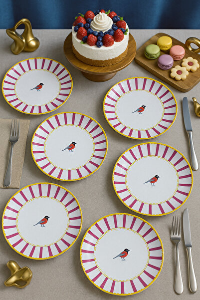 grandora طقم أطباق تقديم مخططة باللون الوردي بنقش الطيور (6 قطع، 27 سم) - طبق...