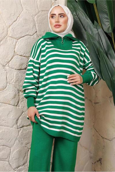 TRENDTESETTÜR Women's Green Striped Knit Tunic t 2208-1