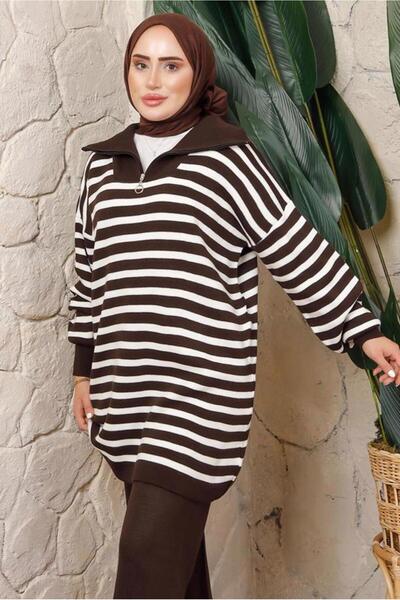 TRENDTESETTÜR Women's Brown Striped Knit Tunic t 2208-1