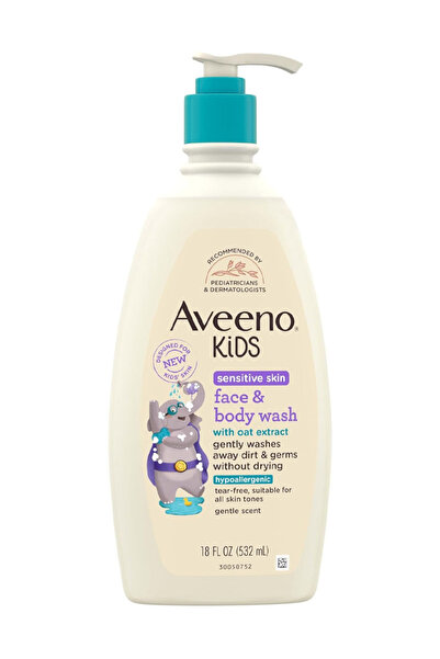 AVEENO Aveeno Kids Sensitive Face & Body Wash with Oat Extract gently removes dirt and germs without drying.