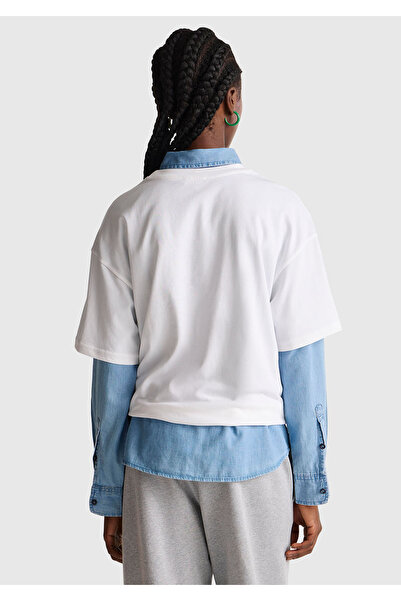 United Colors of Benetton Women's White-Blue Text 100% Cotton Front Text Printed Crew Neck T-Shirt