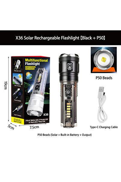 Choice X36-Black(P50) مصباح يدوي قابل لإعادة الشحن بالطاقة الشمسية وقابل للتك...