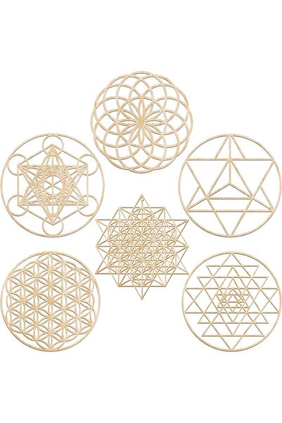 Generic Sacred Geometric Wooden Wall Art Set - Metatron Cube, Sri Yantra, Flower of Life, 6 Pieces, 30 cm