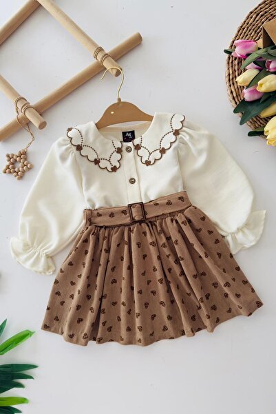 Minigimin Cicileri My Little One's Velvet Heart Patterned Collar Detailed Girl's 2-Piece Set - Brown