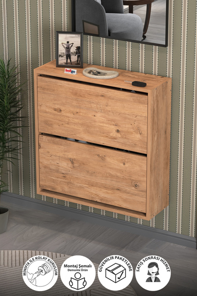 Bofigo Düşer Kapak Ayakkabılık 2 Bölmeli Kayar Raflı Ayakkabılık Duvara Monte Ayakkabılık Peri Çam