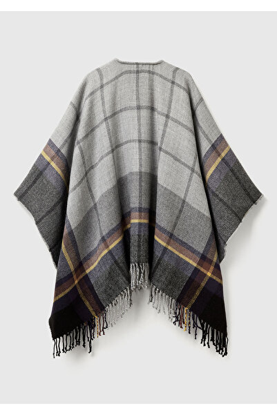 United Colors of Benetton Women's anthracite patterned plaid jacquard tassel detailed poncho