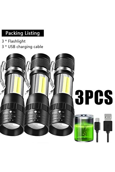 Choice النمط A 3 قطع مصابيح يدوية صغيرة قابلة لإعادة الشحن عبر USB 3 أوضاع فانوس COB + XPE محمول مدمج ببطارية تكبير