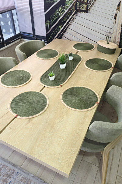 KAAN HOME 6-Piece Supla 1 Runner 1 Lid Decorative Bread Basket Set Green Beige Patterned Presentation Basket