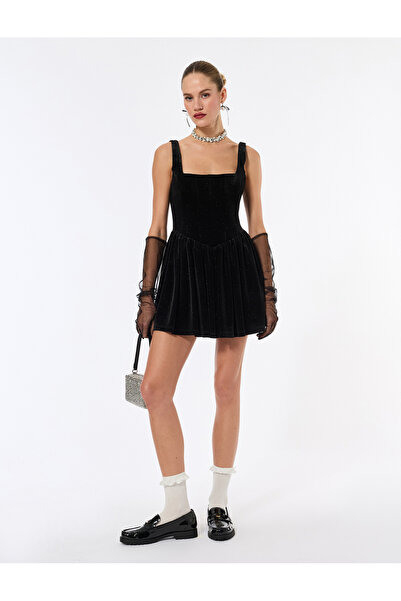 Koton Rochie mini balon din catifea fără mâneci argintie decolteu pătrat