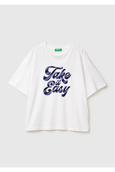 United Colors of Benetton Women's White-Blue Text 100% Cotton Front Text Printed Crew Neck T-Shirt