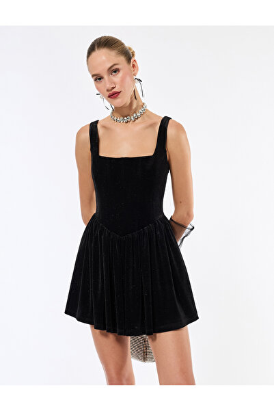 Koton Rochie mini balon din catifea fără mâneci argintie decolteu pătrat