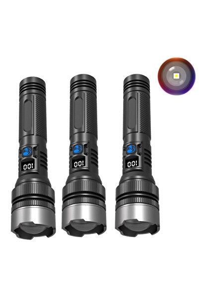 Choice 3 قطع 900000LM مصباح يدوي LED قوي تكبير الشعلة مع شاشة رقمية محمولة من النوع C قابلة لإعادة الشحن F