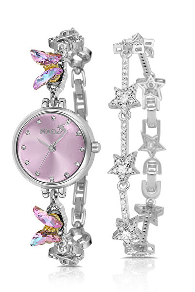 Polo Air Kelebek Çark Kadın Kol Saati Yıldız Bileklik Kombin Gümüş Mor Renk PL-1579B3