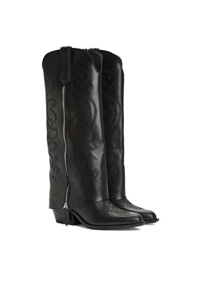 Network Siyah Desenli Kadın Deri Çizme