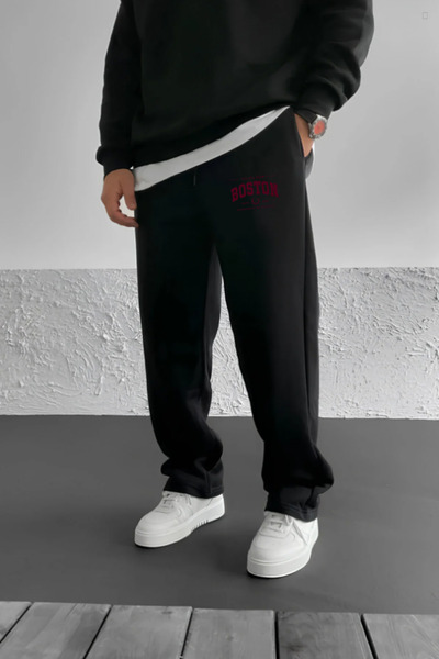 EydaMoon Men's Winter Baggy Fleece-Lined Boston Lettering Wide-Leg Sweatpants...
