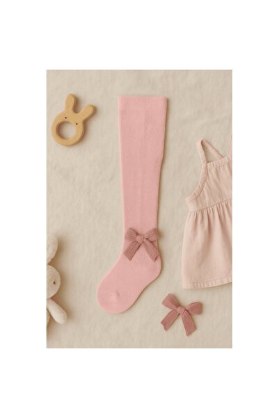 Mixbo children's tights with sole, pink bow, thick cotton, 0-6 months, pink