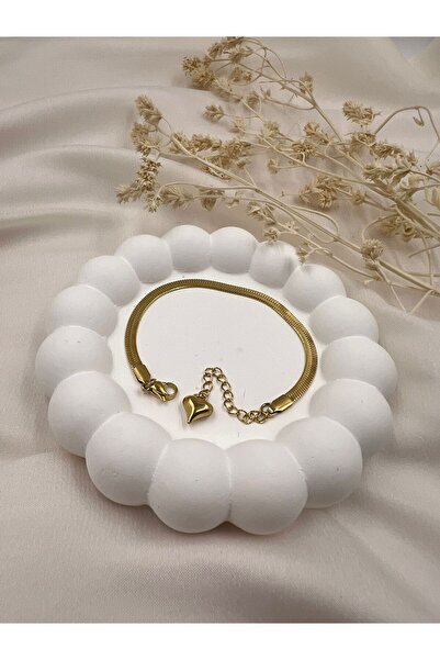 Lunarie Gold Color Heart Detailed Snake Chain Women's Bracelet – Stylish Eleg...