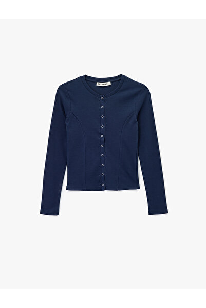 Koton Long Sleeve Crew Neck Stitching Detail Snap Button Cardigan