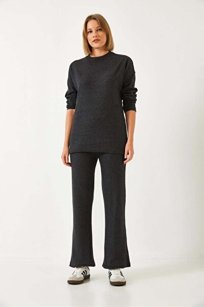 Asil Modest Crew Neck Basic Top and Bottom Cotton Knitted Set