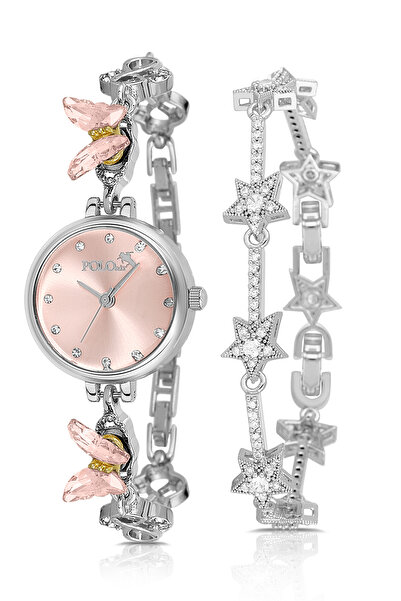 Polo Air Kelebek Çark Kadın Kol Saati Yıldız Bileklik Gümüş Pembe Renk PL-1579B2