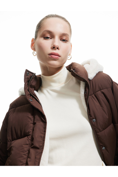 Koton Hooded Inflatable Jacket with Zippered Plush Interior and Snap Button Pockets