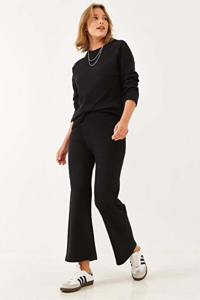 Asil Modest Crew Neck Basic Top and Bottom Cotton Knitted Set