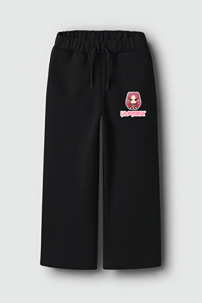 fasardi Kpop Demon Hunters Huntrix Mira Printed 3 Thread Girls' Black Wide-Leg Sweatpants – Comfortable