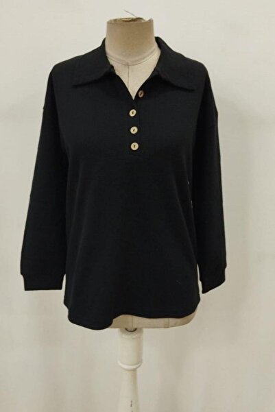 Mossta Buttoned Oversized Waffle Blouse - Black