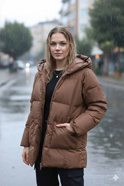 İpli Γυναικείο πουπουλένιο παλτό – oversized , Με μπροστινή τσέπη, Αντιανεμικό, Χειμερινό με κουκούλα