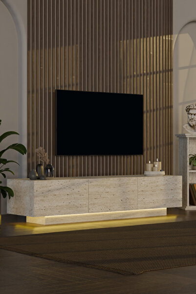 webotto 8 Almad Led Işıklı Tv Ünitesi ve Led Işıklı Dikdörtgen Orta Sehpa Takımı Modern Tasarım Traverten