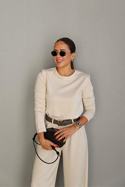 Purple by Banu Ekru Vatkalı Bluz Pantolon Takım