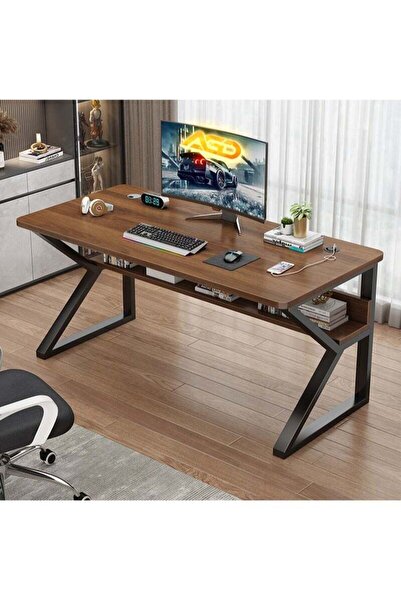 AGD K-Shape Computer Gaming Table with USB Charging Port & Extra Shelves, 100cm (Brown)