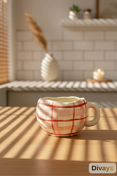 DİVAYS El Yapımı Seramik Kırmızı Ekose Desenli Mug Kupa Fincan | Mug Fincan Kupa