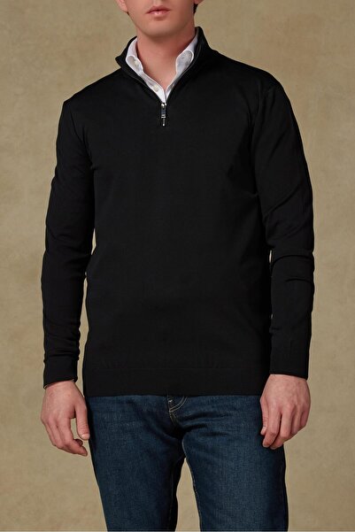 Abbate Velo Knitted Fabric Rayon Blended Modern Fit Black Mock Neck Men's Plain Knitwear