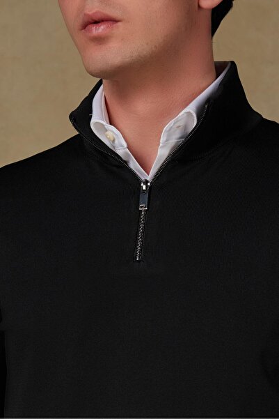 Abbate Velo Knitted Fabric Rayon Blended Modern Fit Black Mock Neck Men's Plain Knitwear