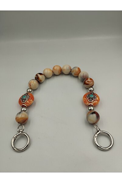 Zeyora Boncuklu Çanta Sapı 38 cm, Deri Çanta Sapı, Çanta Aksesuarı (Gümüş İşlemeli )