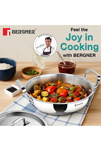 Bergner 22 cm Tri-Pro Stainless Steel Deep Kadai with Lid, 2.8 L, Silver
